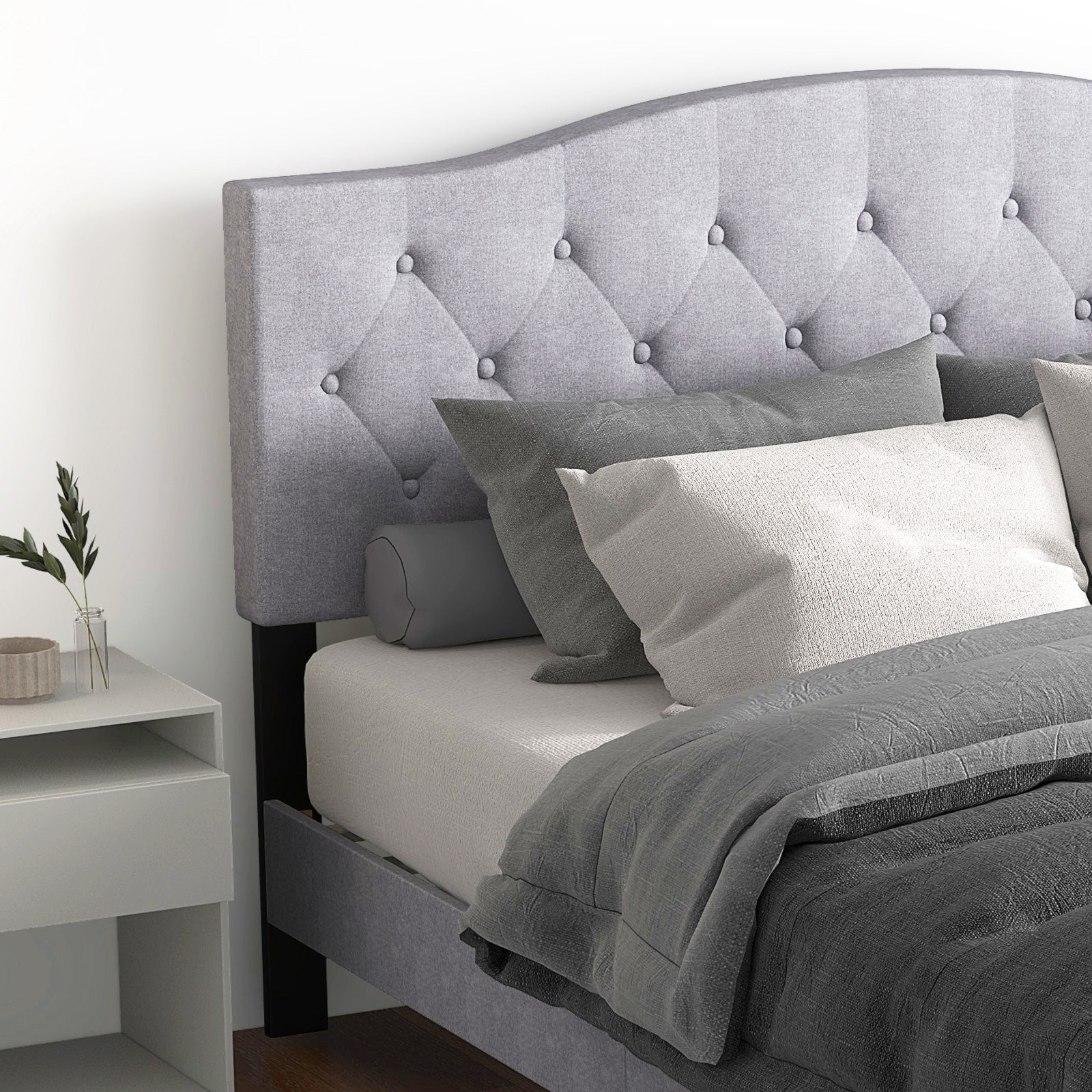 Queen Size Upholstered Platform Bed with Button Tufted Headboard-Queen Size, Gray Simple Bed Frame at Gallery Canada