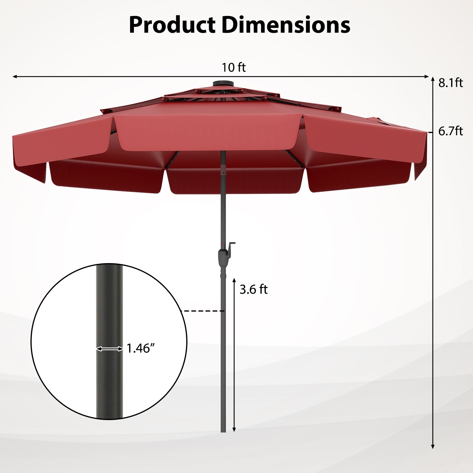 10 Feet Solar Patio Umbrella, 3-Tier Vented Top, Red Outdoor Umbrellas at Gallery Canada