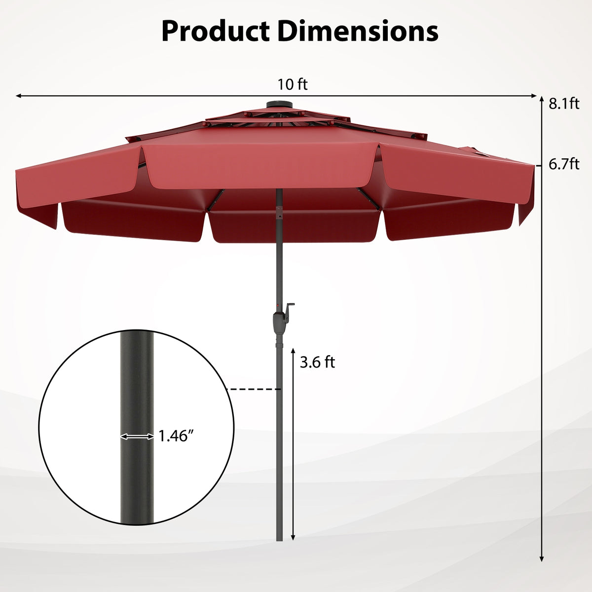 10 Feet Solar Patio Umbrella, 3-Tier Vented Top, Red Outdoor Umbrellas at Gallery Canada
