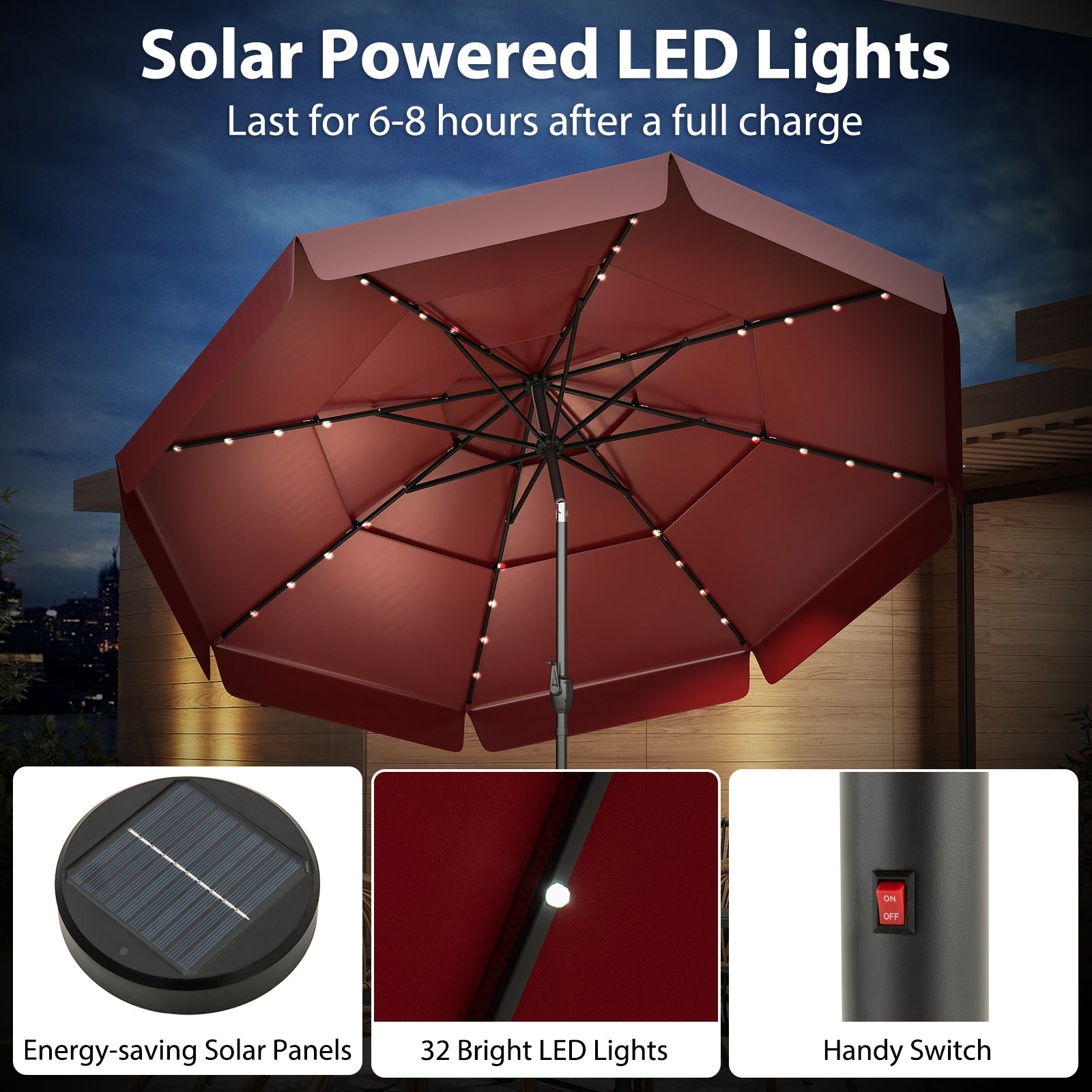 10 Feet Solar Patio Umbrella, 3-Tier Vented Top, Red Outdoor Umbrellas at Gallery Canada