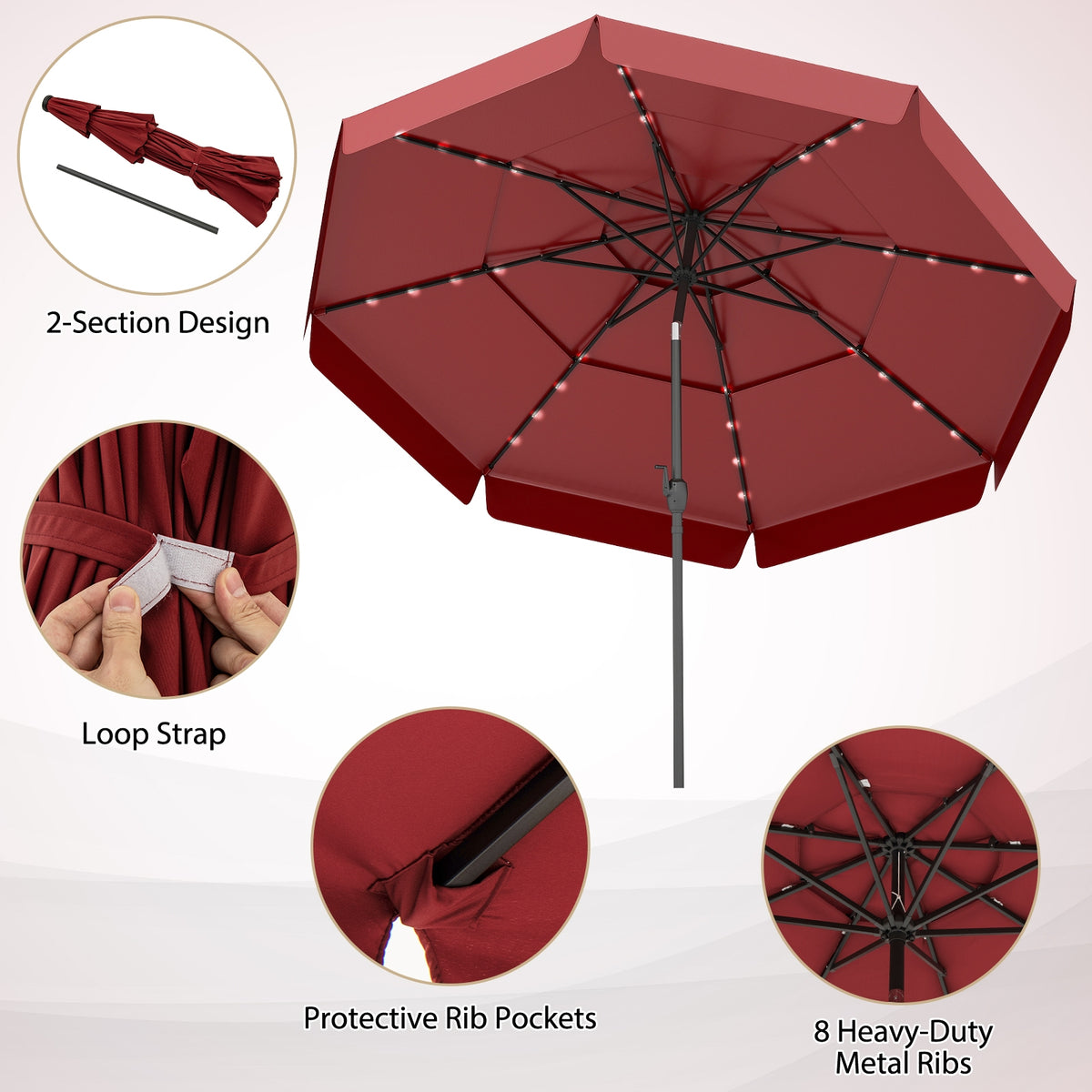 10 Feet Solar Patio Umbrella, 3-Tier Vented Top, Red Outdoor Umbrellas at Gallery Canada