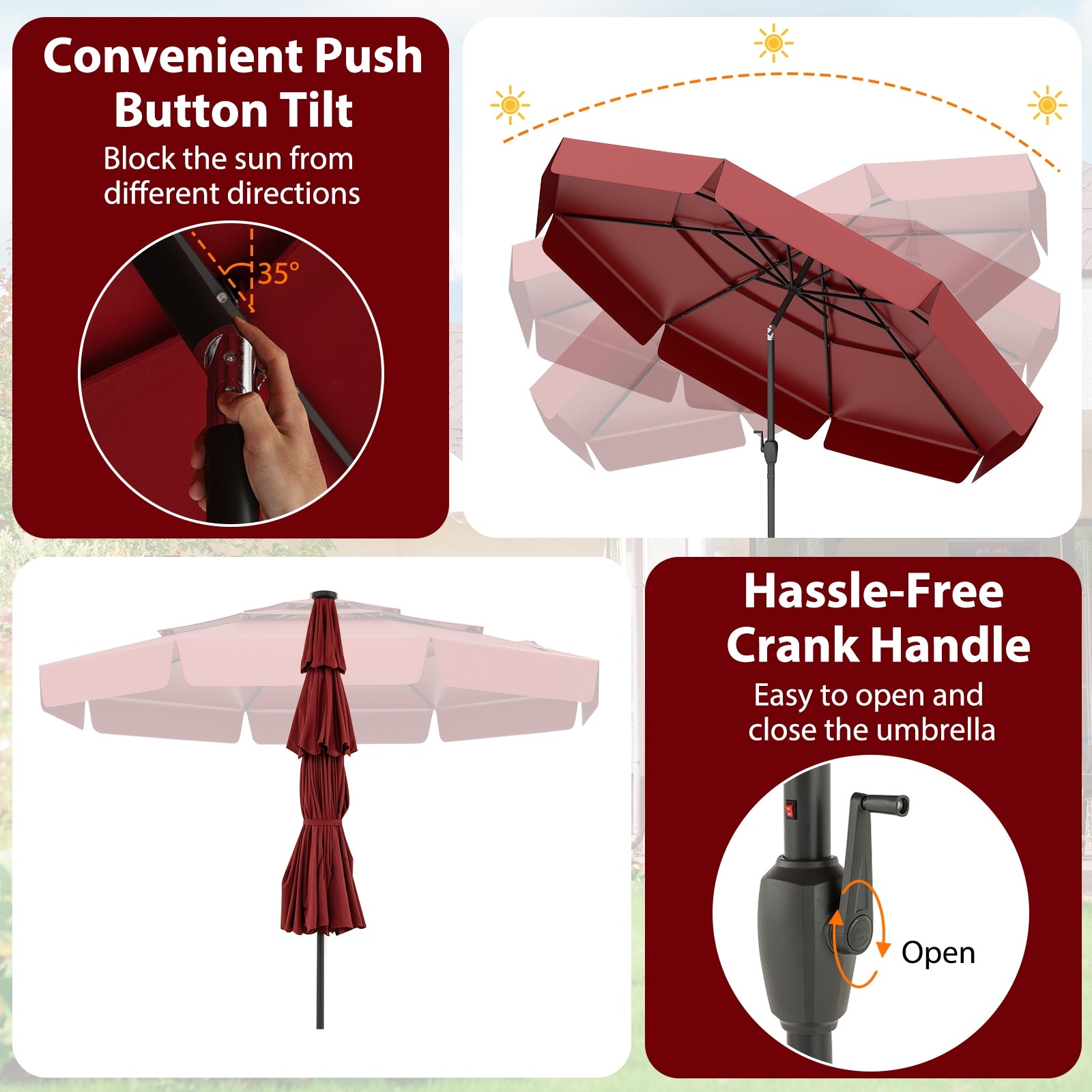 10 Feet Solar Patio Umbrella, 3-Tier Vented Top, Red Outdoor Umbrellas at Gallery Canada