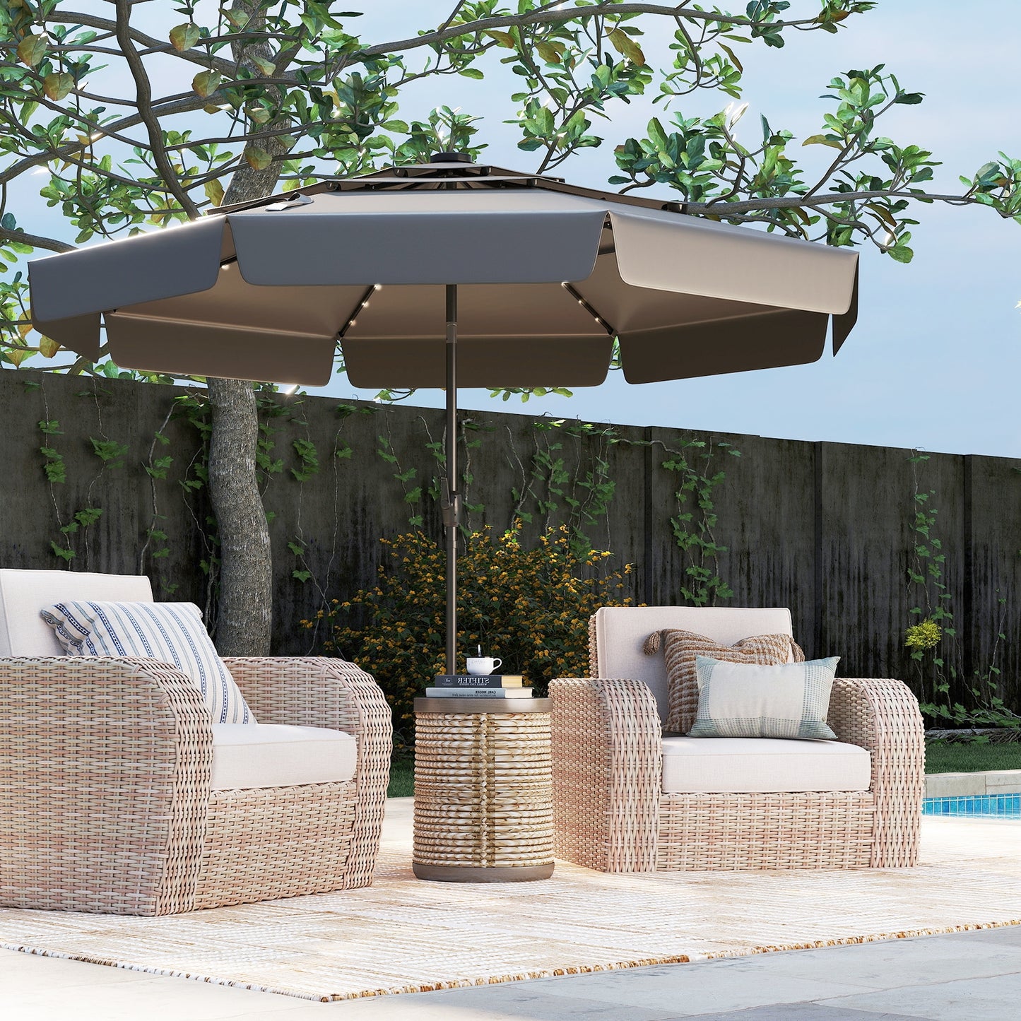 10 Feet Solar Patio Umbrella, 3-Tier Vented Top, Gray Outdoor Umbrellas at Gallery Canada