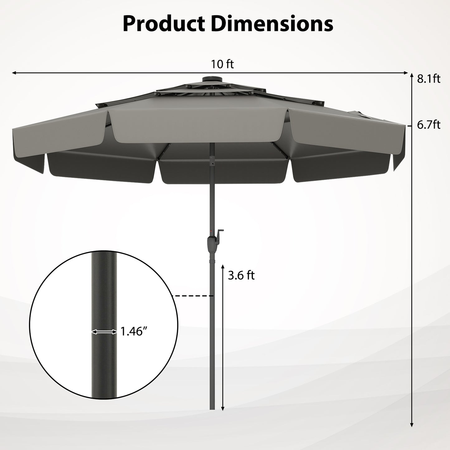 10 Feet Solar Patio Umbrella, 3-Tier Vented Top, Gray Outdoor Umbrellas at Gallery Canada