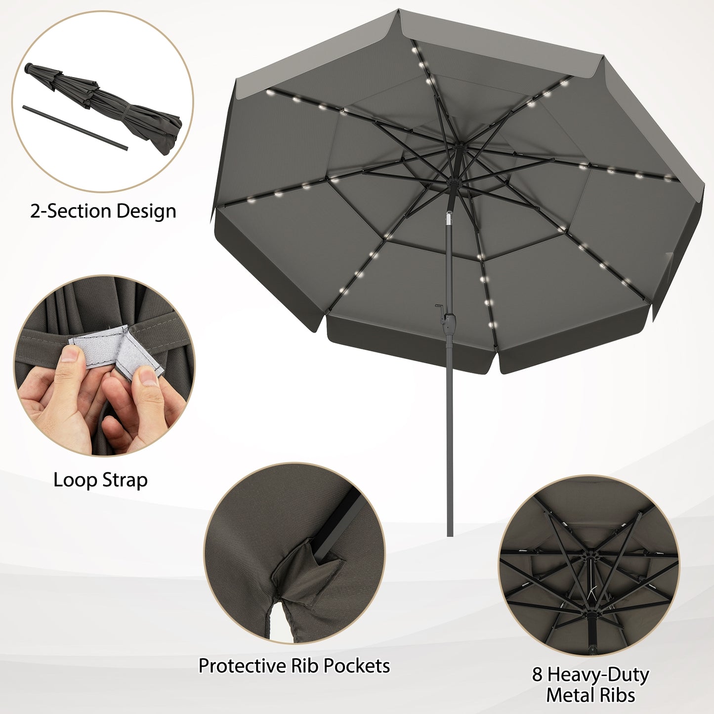 10 Feet Solar Patio Umbrella, 3-Tier Vented Top, Gray Outdoor Umbrellas at Gallery Canada