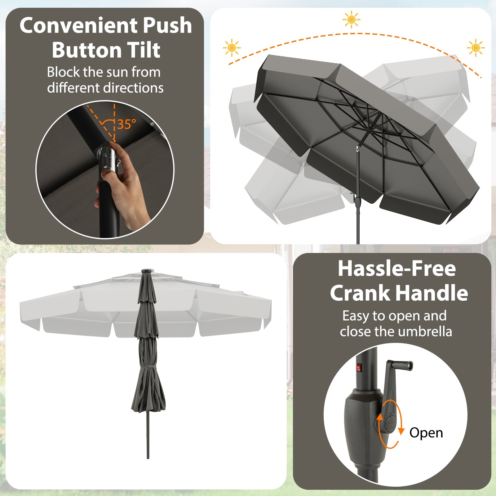10 Feet Solar Patio Umbrella, 3-Tier Vented Top, Gray Outdoor Umbrellas at Gallery Canada