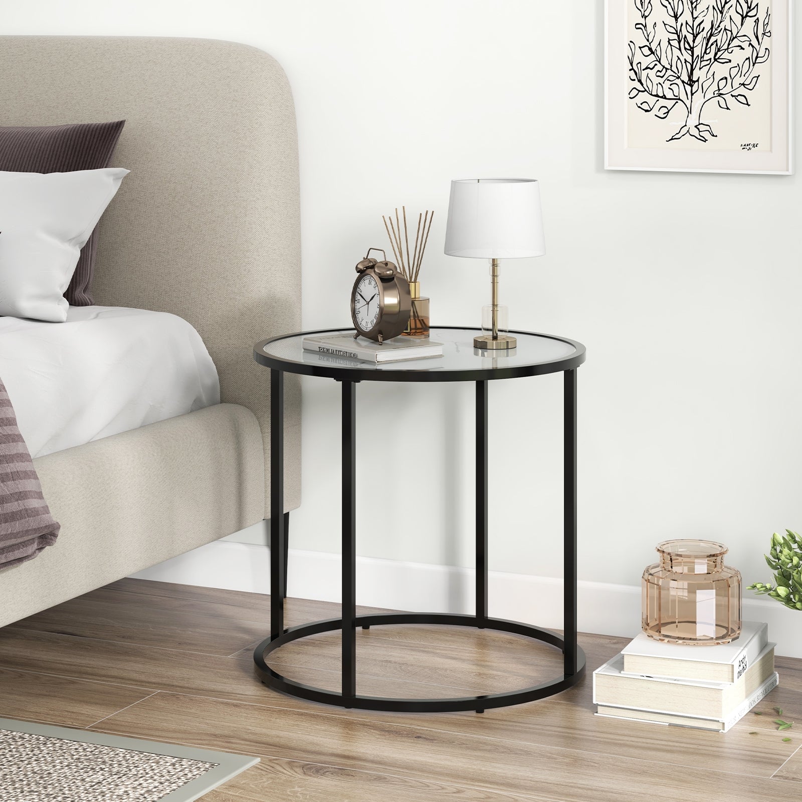 20 Inch Glass End Table, Metal Frame, Faux Marble Top, Black and White Coffee Tables at Gallery Canada