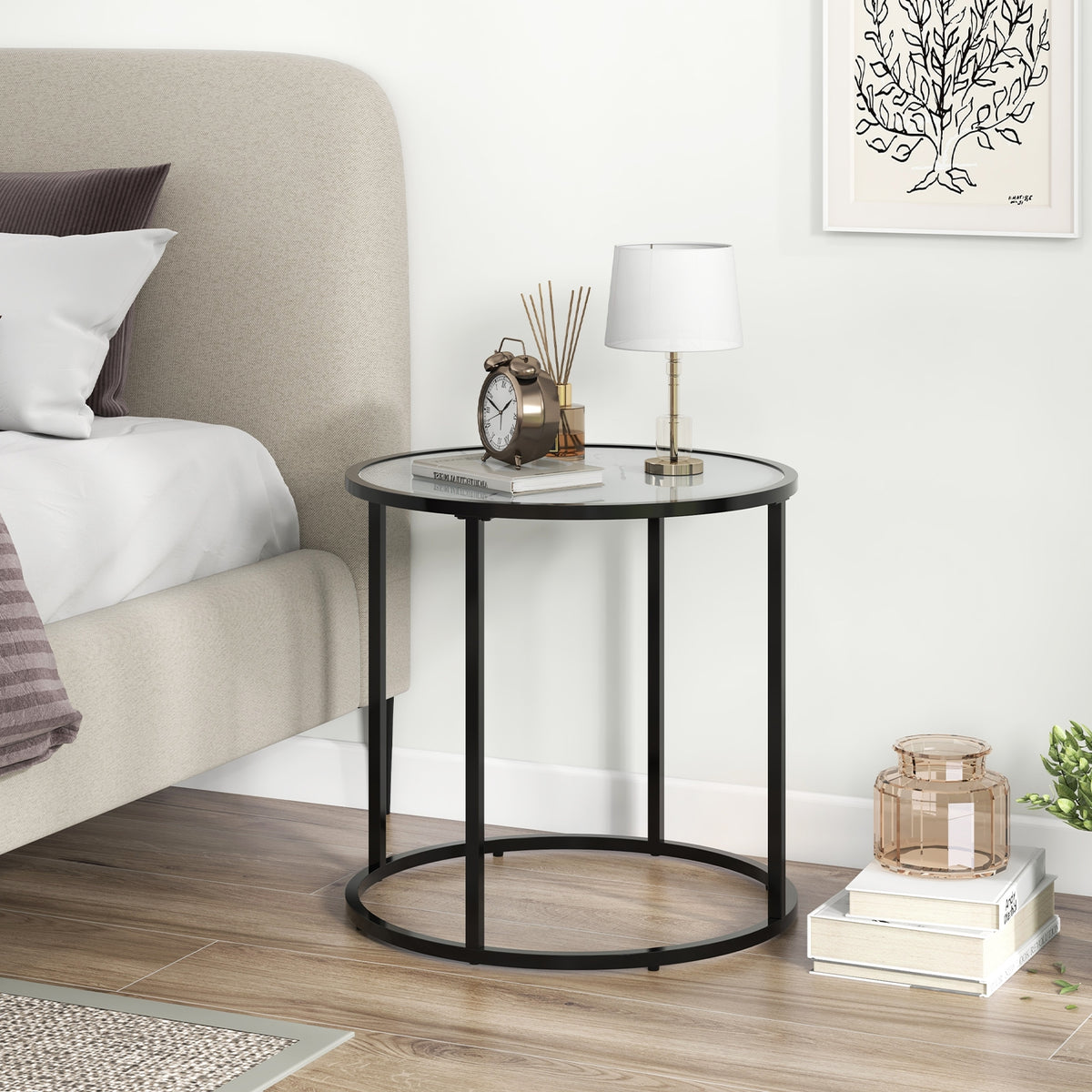 20 Inch Glass End Table, Metal Frame, Faux Marble Top, Black and White Coffee Tables at Gallery Canada