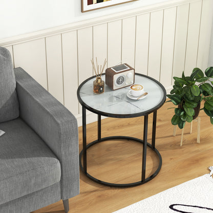 20 Inch Glass End Table, Metal Frame, Faux Marble Top, Black and White Coffee Tables at Gallery Canada