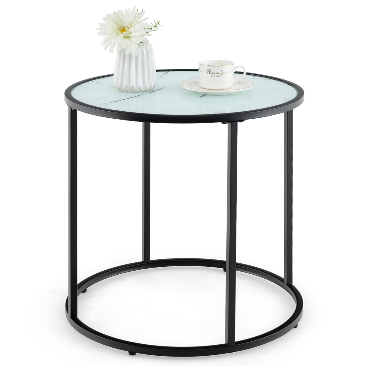 20 Inch Glass End Table, Metal Frame, Faux Marble Top, Black and White Coffee Tables at Gallery Canada
