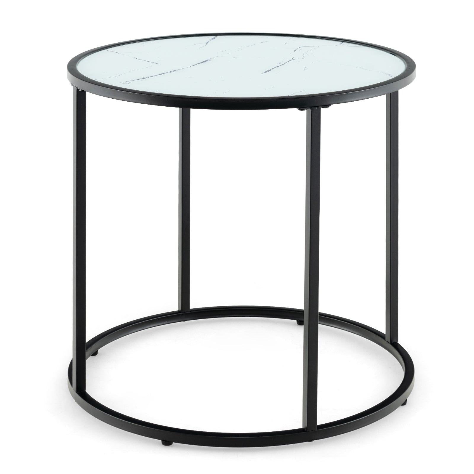 20 Inch Glass End Table, Metal Frame, Faux Marble Top, Black and White Coffee Tables at Gallery Canada