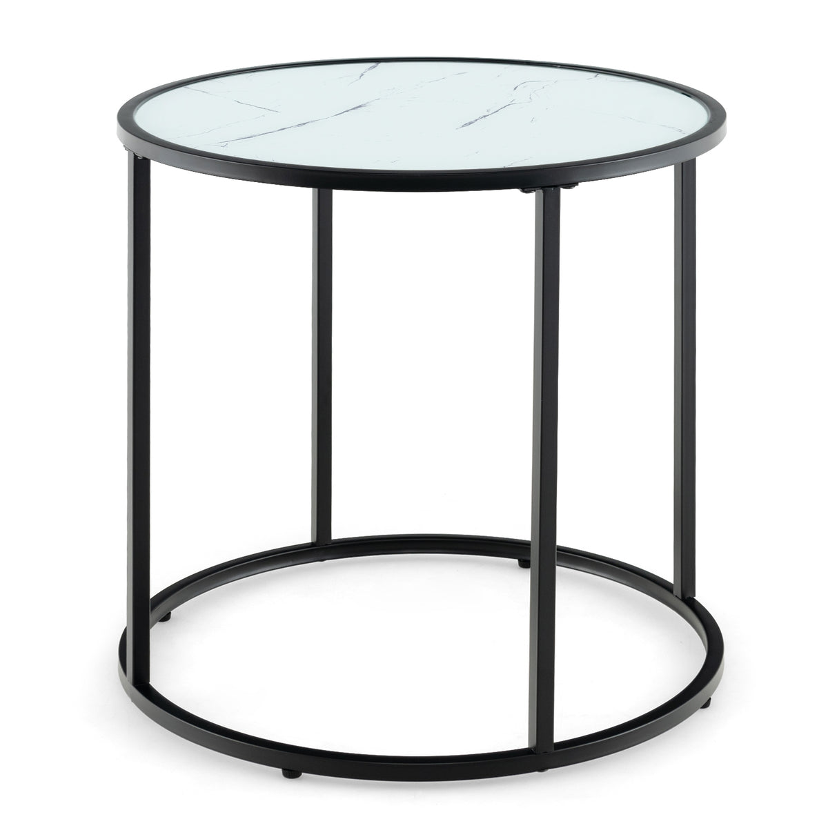 20 Inch Glass End Table, Metal Frame, Faux Marble Top, Black and White Coffee Tables at Gallery Canada