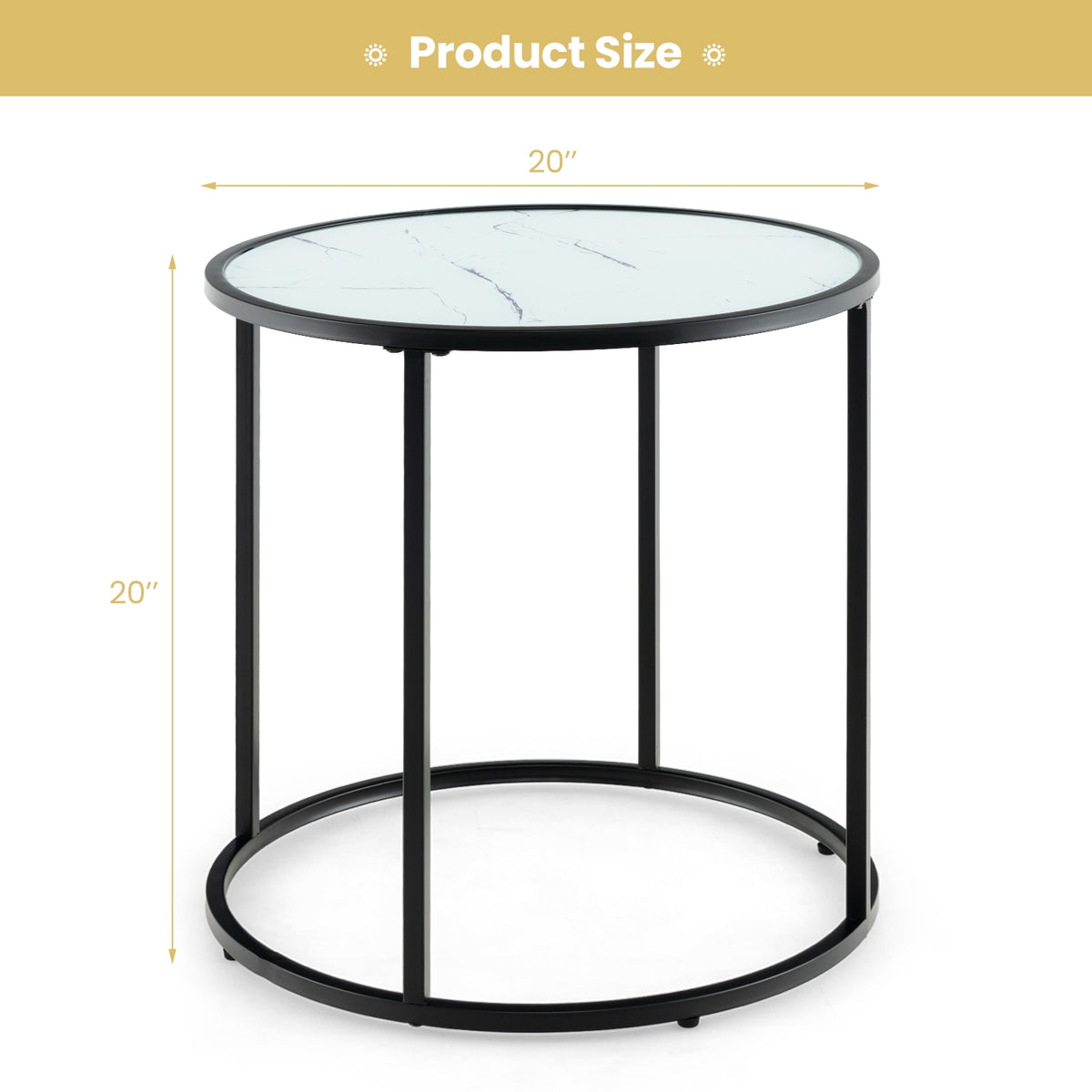 20 Inch Glass End Table, Metal Frame, Faux Marble Top, Black and White Coffee Tables at Gallery Canada