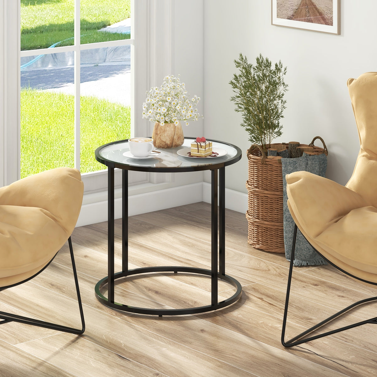 20 Inch Glass End Table, Metal Frame, Faux Marble Top, Black and White Coffee Tables at Gallery Canada