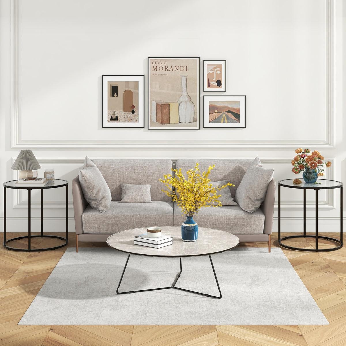 20 Inch Glass End Table, Metal Frame, Faux Marble Top, Black and White Coffee Tables at Gallery Canada