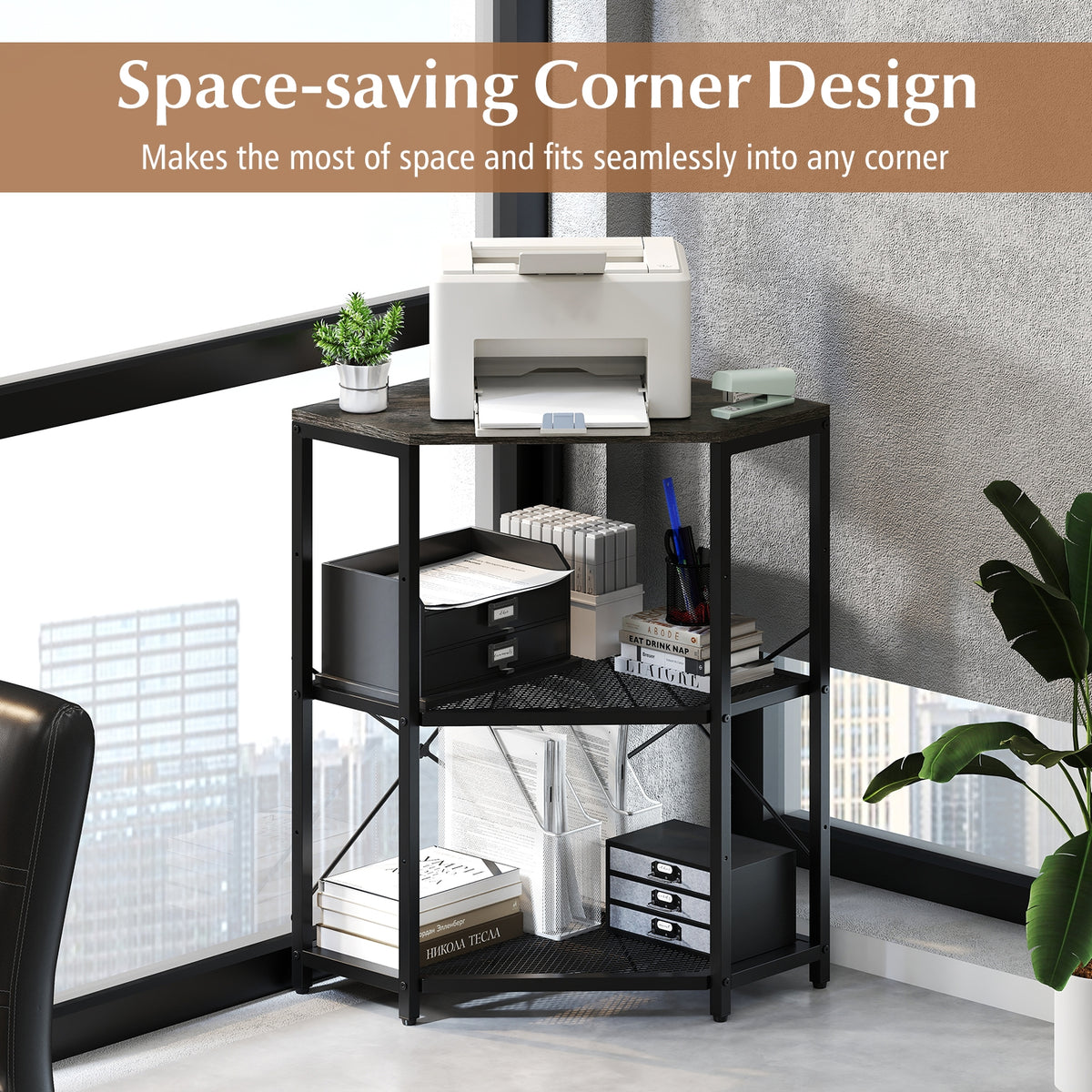 Corner Printer Stand, 3-Tier Storage Rack, Adjustable Shelf, Black Laptop Tables & Printer Stands at Gallery Canada