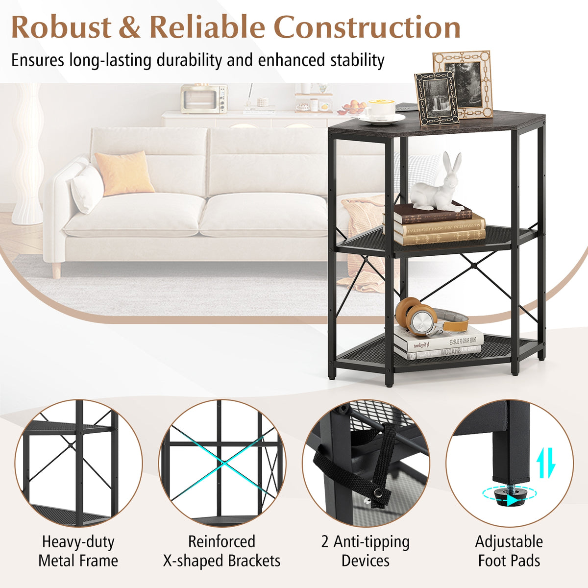 Corner Printer Stand, 3-Tier Storage Rack, Adjustable Shelf, Black Laptop Tables & Printer Stands at Gallery Canada