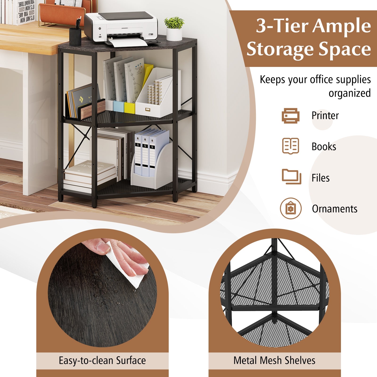 Corner Printer Stand, 3-Tier Storage Rack, Adjustable Shelf, Black Laptop Tables & Printer Stands at Gallery Canada