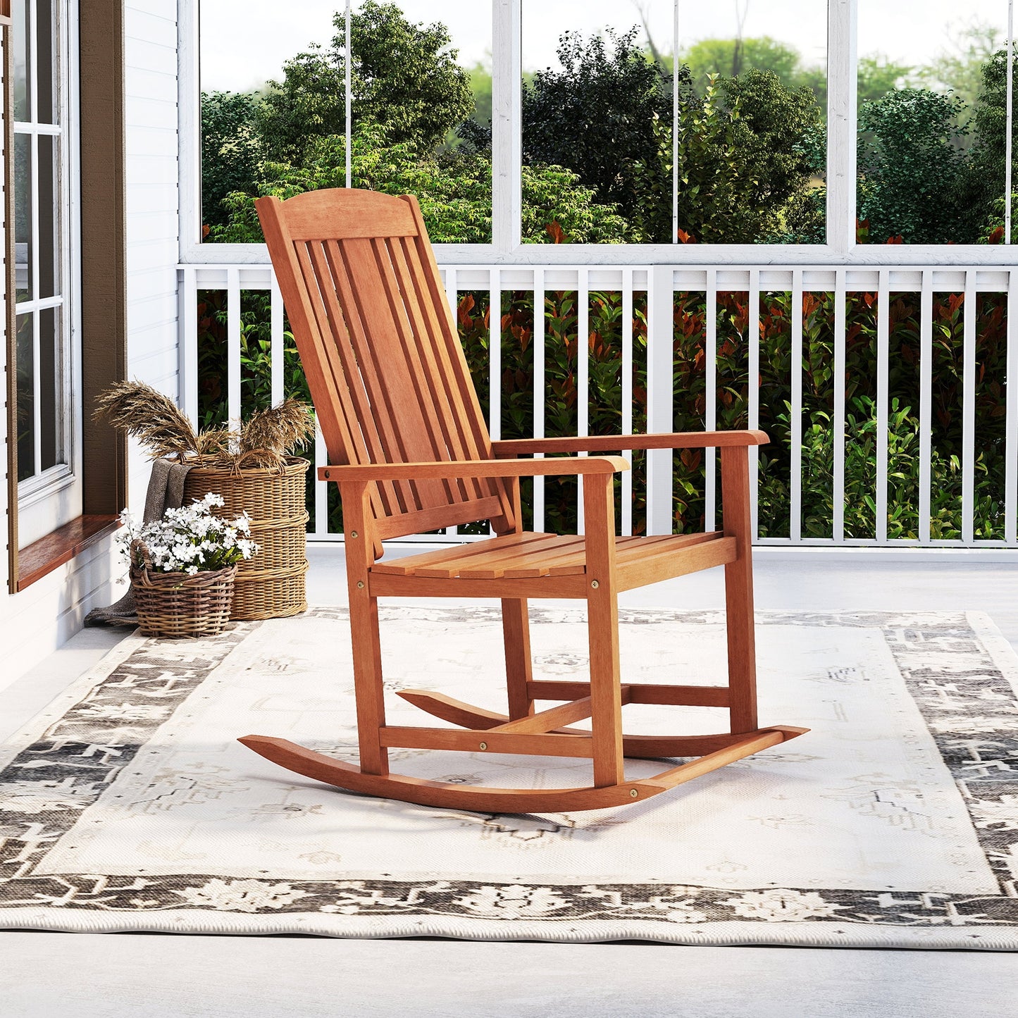 Solid Wood High Back Rocking Chair, Slatted Seat, Natural Patio Rocking Chairs & Gliders at Gallery Canada