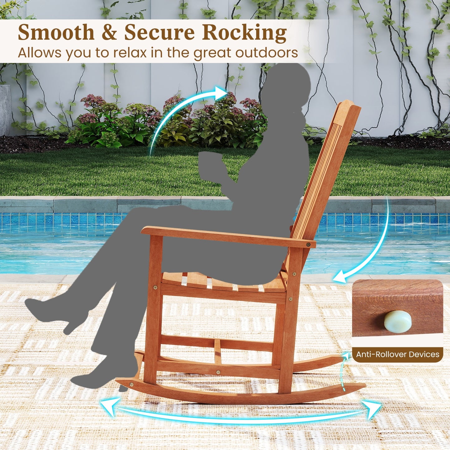 Solid Wood High Back Rocking Chair, Slatted Seat, Natural Patio Rocking Chairs & Gliders at Gallery Canada