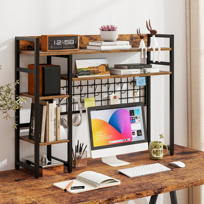 4-Tier Desk Shelf, Metal Grid Panel, 6 Hooks, Brown Bookcases at Gallery Canada
