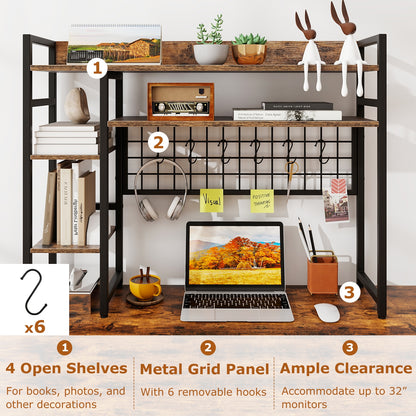 4-Tier Desk Shelf, Metal Grid Panel, 6 Hooks, Brown Bookcases at Gallery Canada