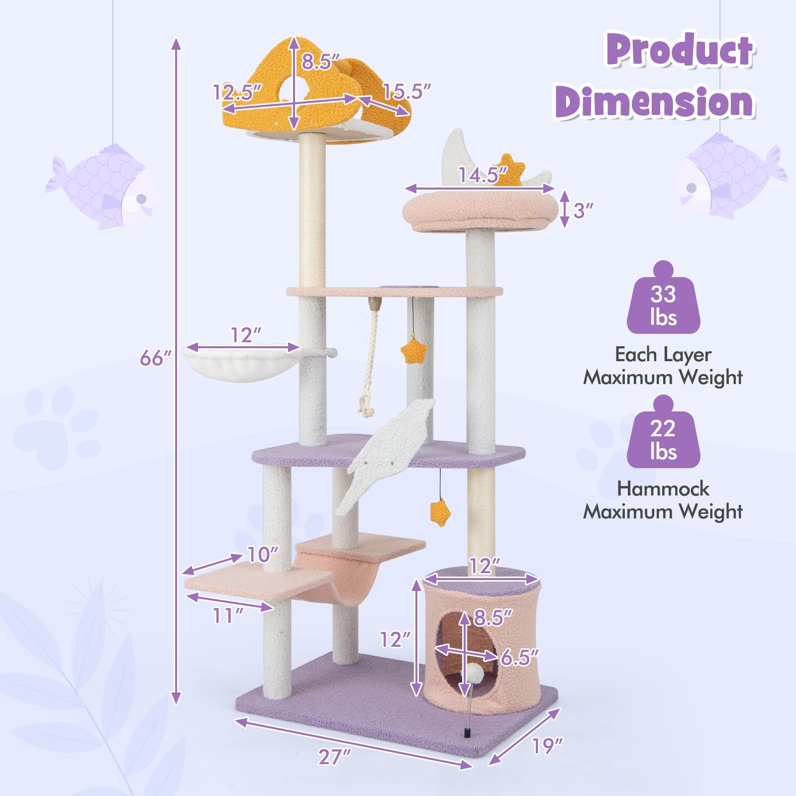 66 Inch Multi-Level Cat Tree Tower, Sisal Scratching Posts, Purple Cat Trees Condos & Scratchers at Gallery Canada