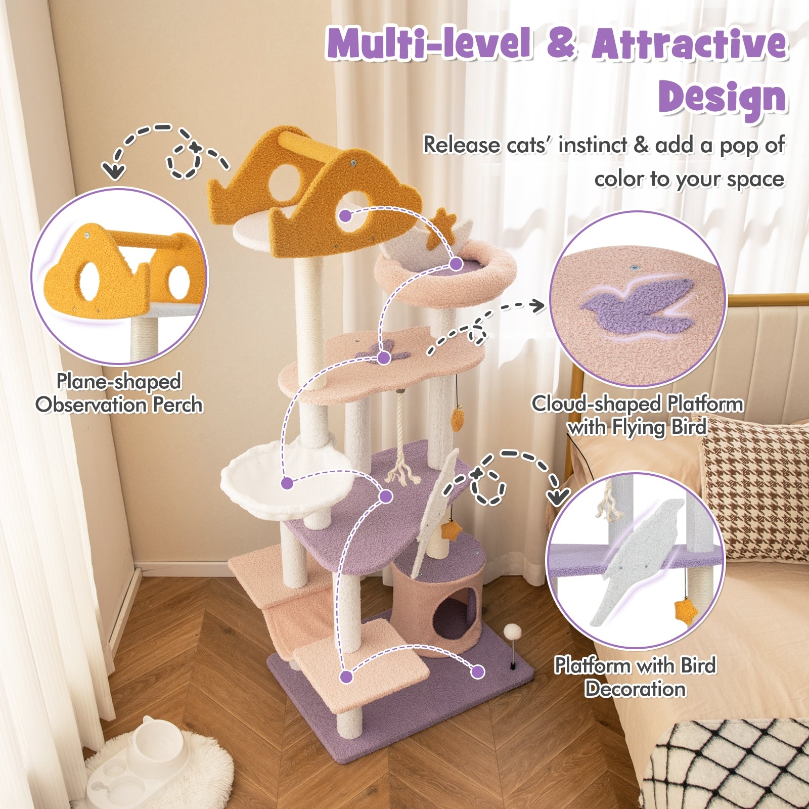 66 Inch Multi-Level Cat Tree Tower, Sisal Scratching Posts, Purple Cat Trees Condos & Scratchers at Gallery Canada