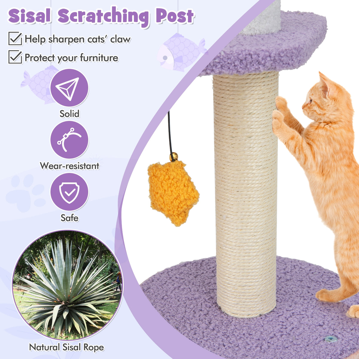 66 Inch Multi-Level Cat Tree Tower, Sisal Scratching Posts, Purple Cat Trees Condos & Scratchers at Gallery Canada