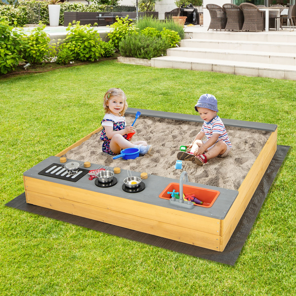 Wooden Sandbox With Kitchen Playset, 3-8 Years, Natural Sandboxes at Gallery Canada