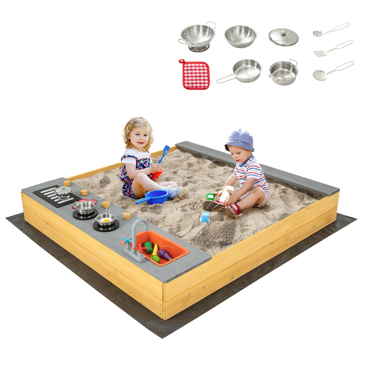Wooden Sandbox With Kitchen Playset, 3-8 Years, Natural Sandboxes at Gallery Canada
