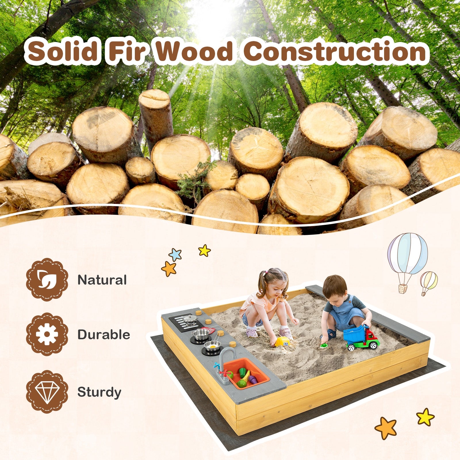 Wooden Sandbox With Kitchen Playset, 3-8 Years, Natural Sandboxes at Gallery Canada