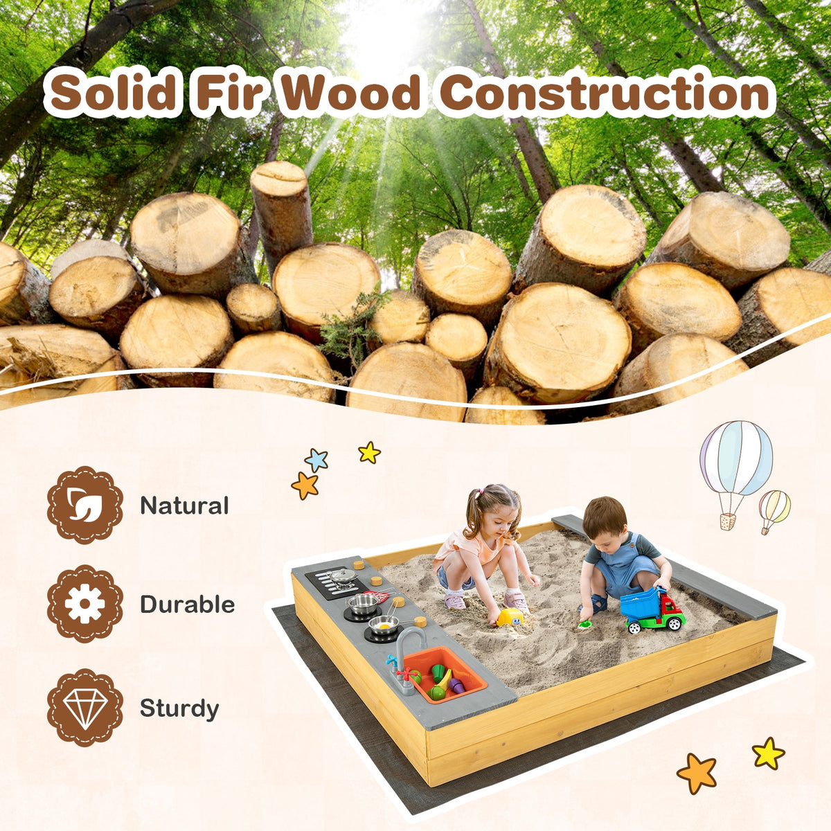 Wooden Sandbox With Kitchen Playset, 3-8 Years, Natural Sandboxes at Gallery Canada