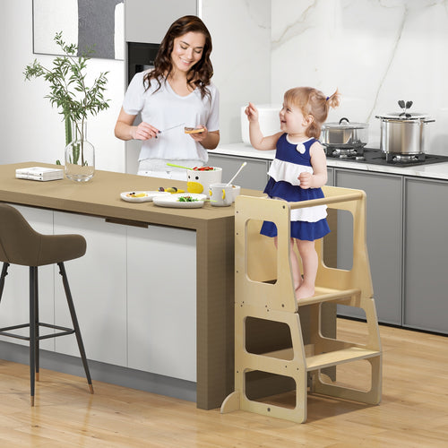 Foldable Kitchen Tower For Toddlers, 3-in-1 With Chalkboard, Natural