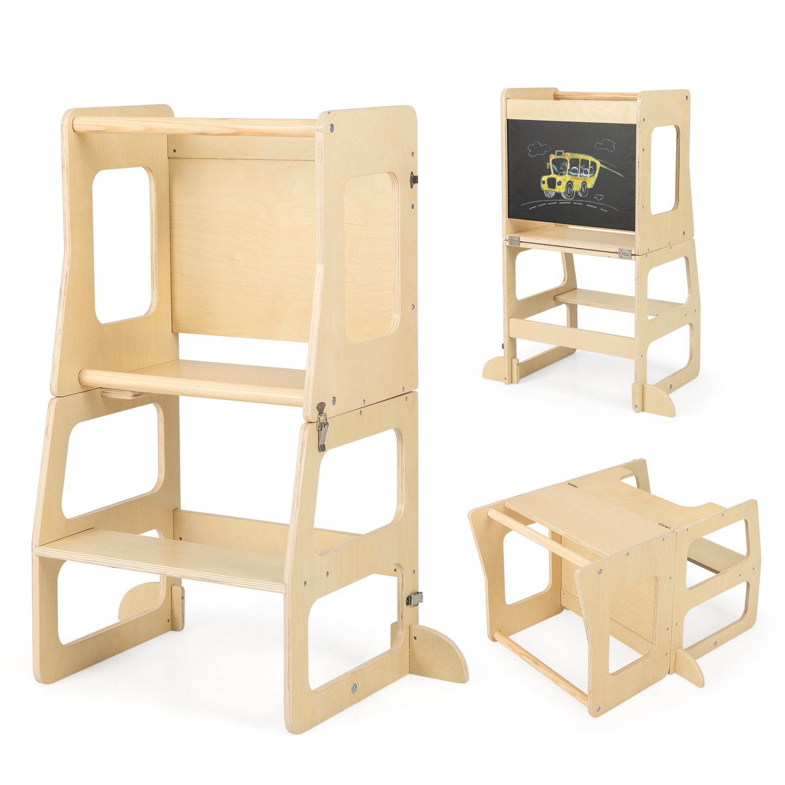 Foldable Kitchen Tower For Toddlers, 3-in-1 With Chalkboard, Natural Toddler & Kids Furniture at Gallery Canada