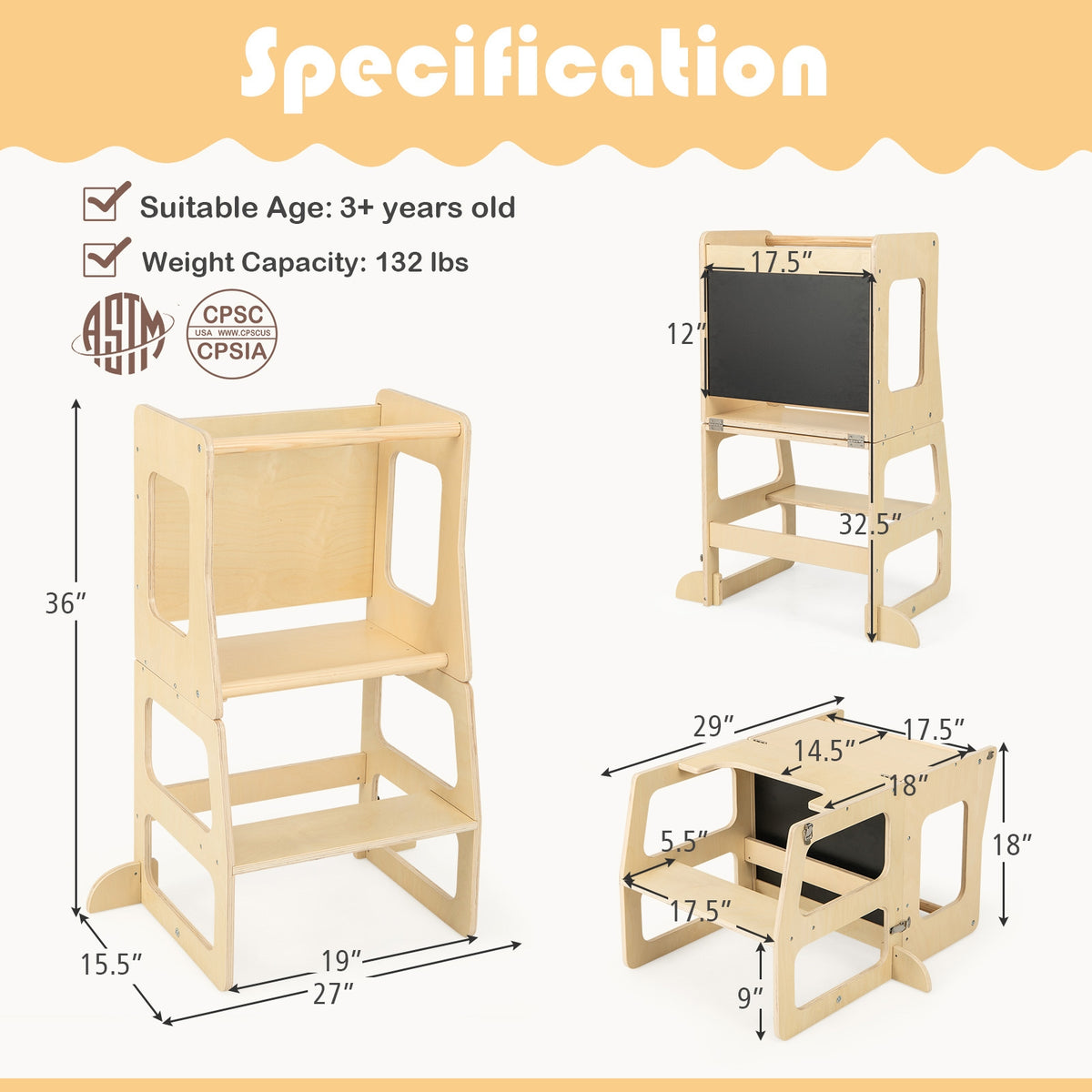 Foldable Kitchen Tower For Toddlers, 3-in-1 With Chalkboard, Natural Toddler & Kids Furniture at Gallery Canada
