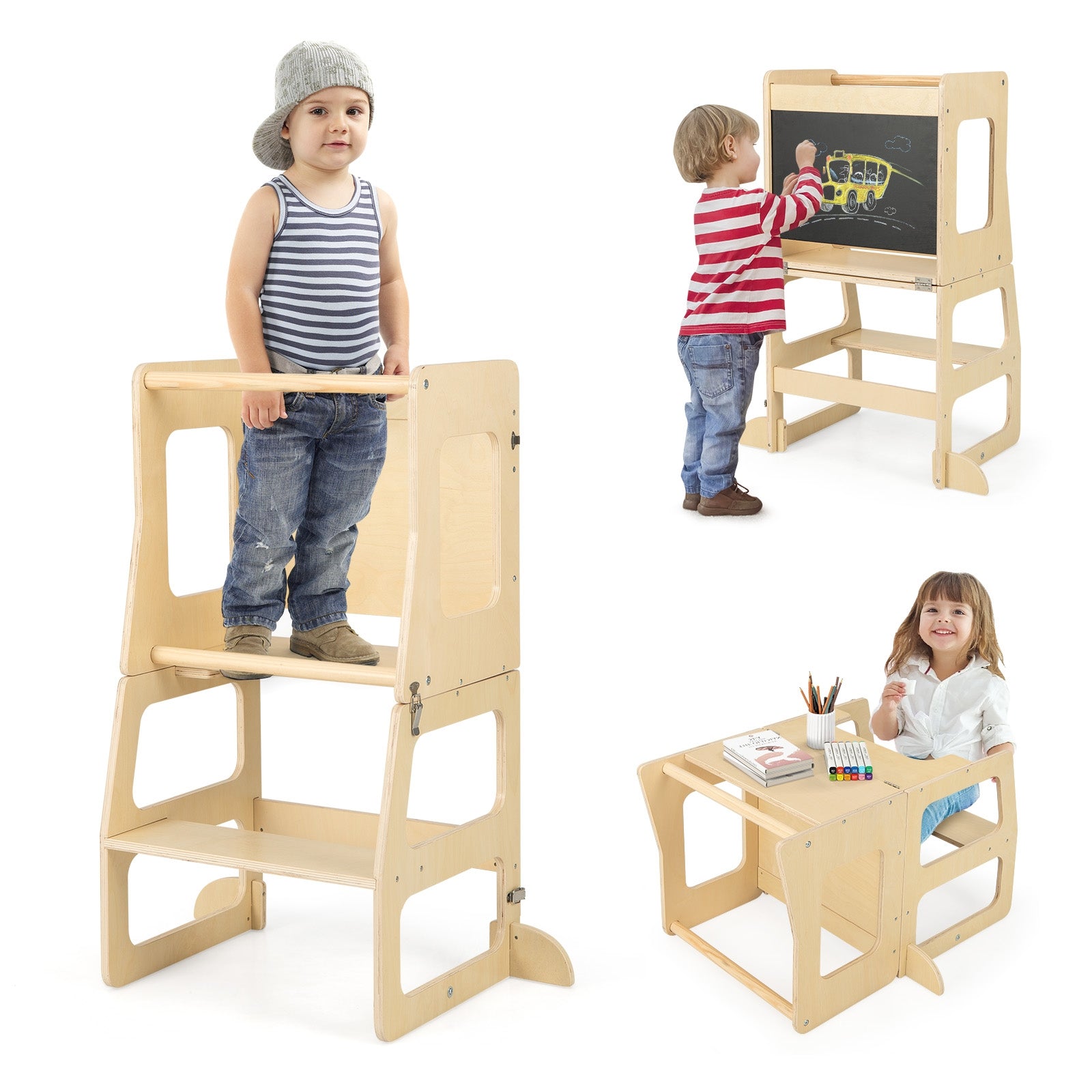 Foldable Kitchen Tower For Toddlers, 3-in-1 With Chalkboard, Natural Toddler & Kids Furniture at Gallery Canada