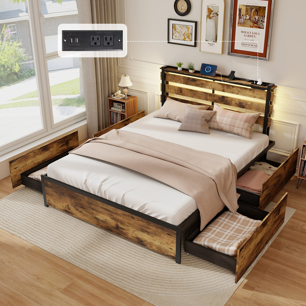 Queen Size Bed Frame With Drawers, LED Lights, USB Ports, Rustic Brown Simple Bed Frame at Gallery Canada