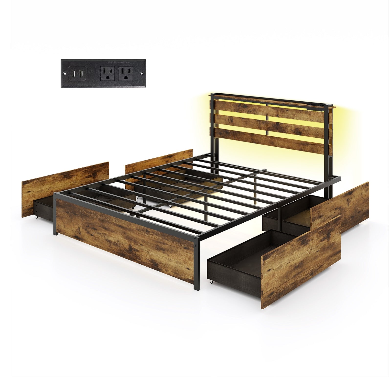 Queen Size Bed Frame With Drawers, LED Lights, USB Ports, Rustic Brown Simple Bed Frame at Gallery Canada