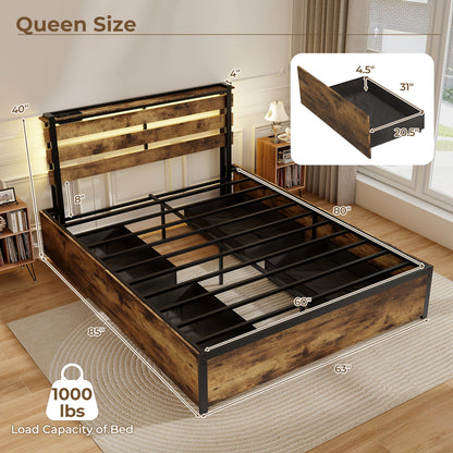 Queen Size Bed Frame With Drawers, LED Lights, USB Ports, Rustic Brown Simple Bed Frame at Gallery Canada