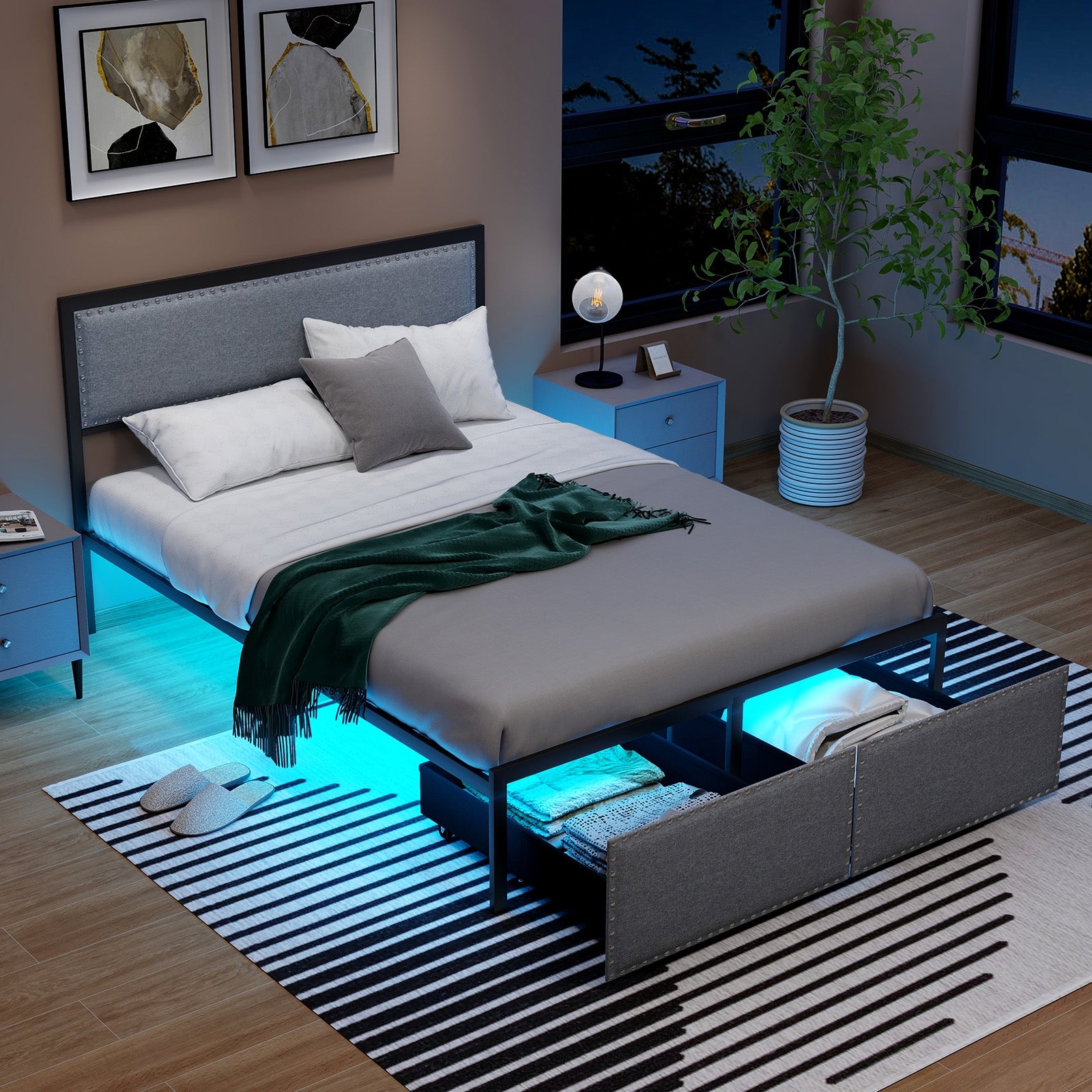 Full Size Bed Frame With LED Lights, Drawer, Metal Slats, Gray Simple Bed Frame at Gallery Canada