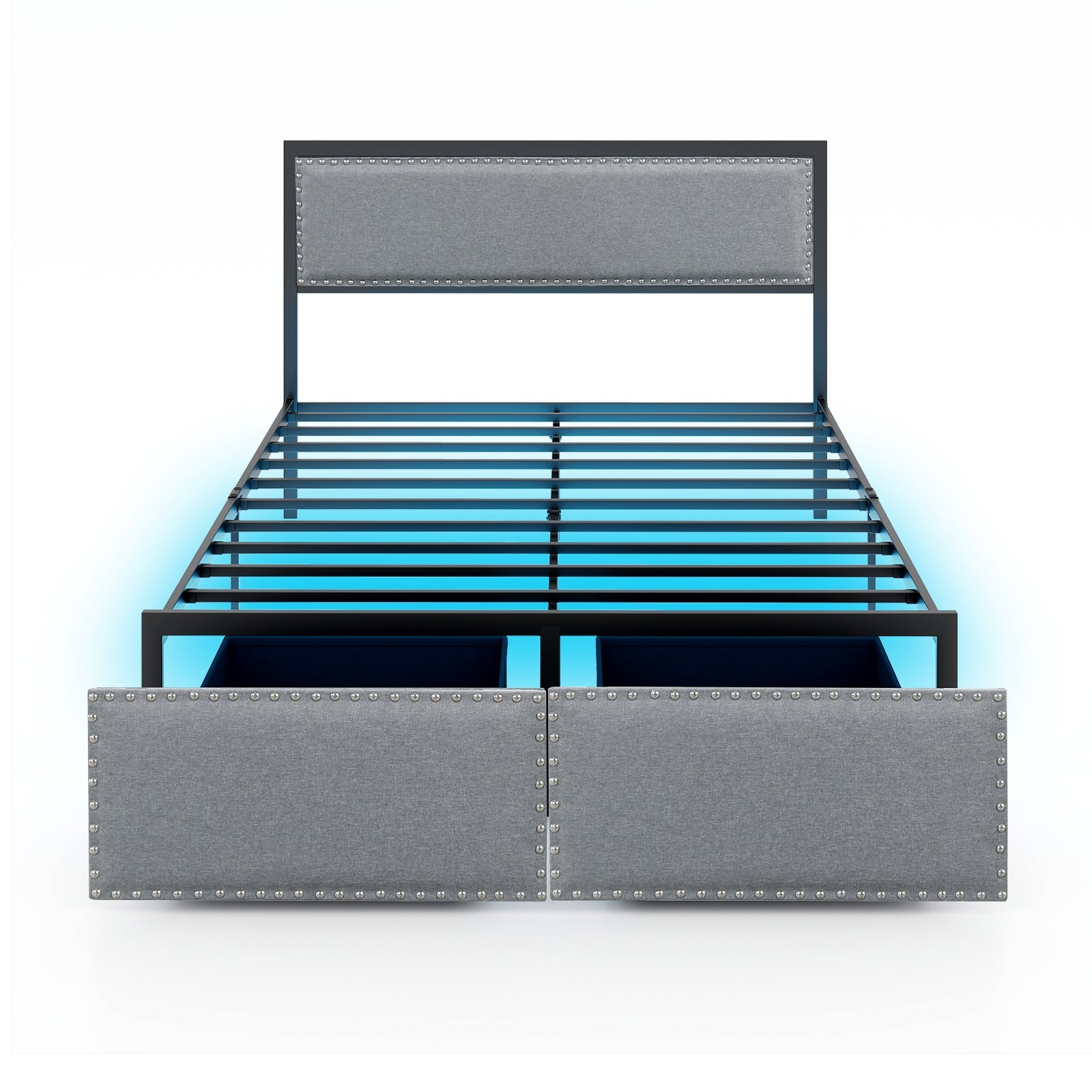 Full Size Bed Frame With LED Lights, Drawer, Metal Slats, Gray Simple Bed Frame Gray at Gallery Canada
