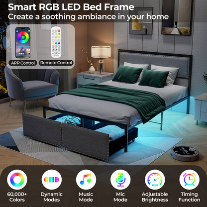 Full Size Bed Frame With LED Lights, Drawer, Metal Slats, Gray Simple Bed Frame at Gallery Canada