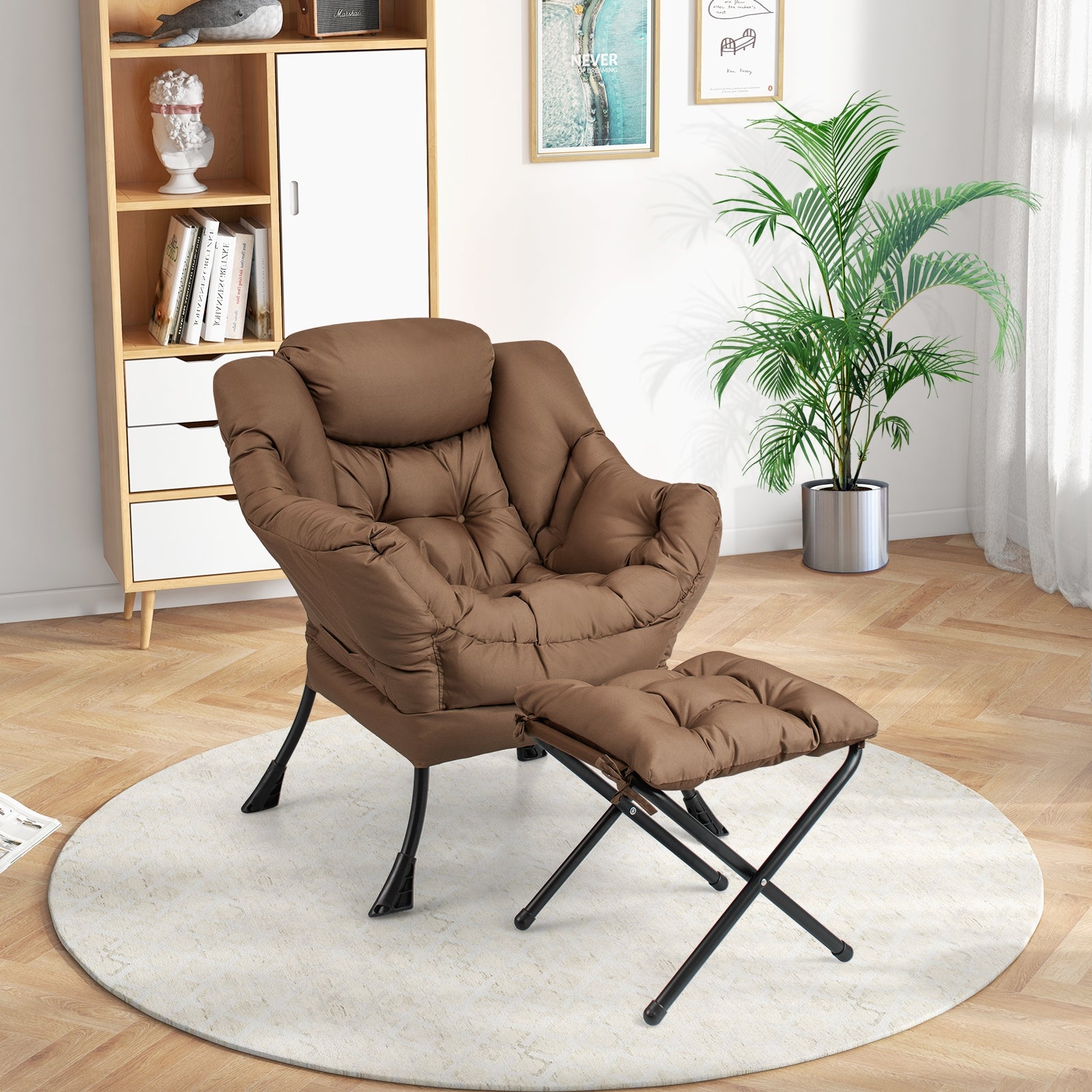 Modern Accent Sofa Chair, With Folding Footrest And Side Pocket, Brown Accent Chairs at Gallery Canada