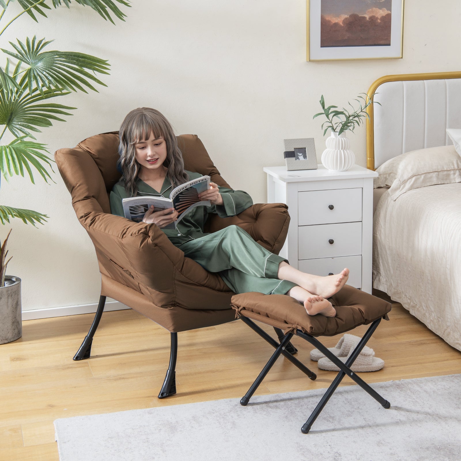 Modern Accent Sofa Chair, With Folding Footrest And Side Pocket, Brown Accent Chairs at Gallery Canada