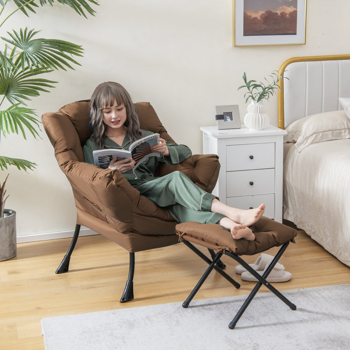Modern Accent Sofa Chair, With Folding Footrest And Side Pocket, Brown Accent Chairs at Gallery Canada
