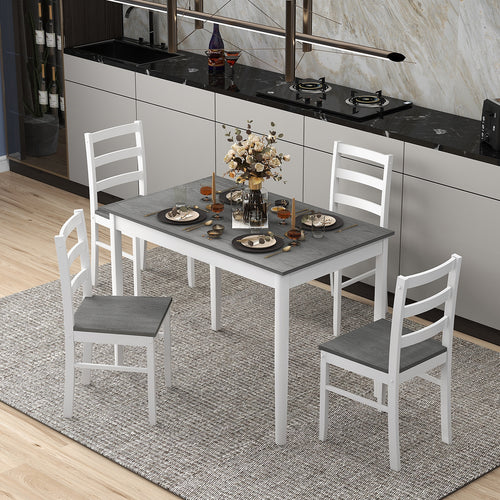 5-Piece Wooden Dining Set, Rectangular Table, 4 Chairs, Gray