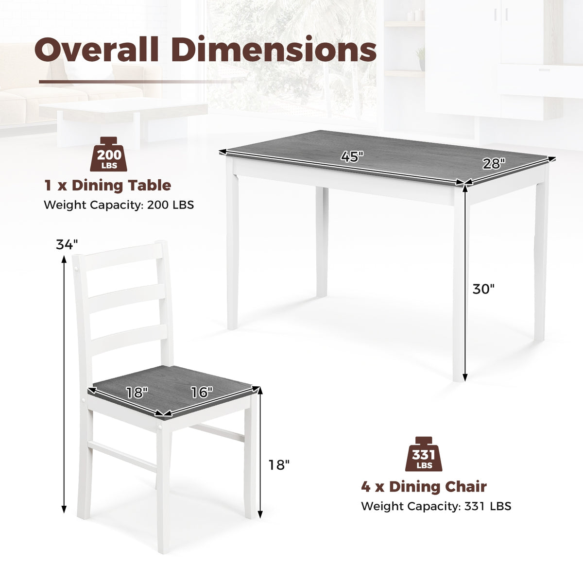5-Piece Wooden Dining Set, Rectangular Table, 4 Chairs, Gray Dining Room Sets at Gallery Canada