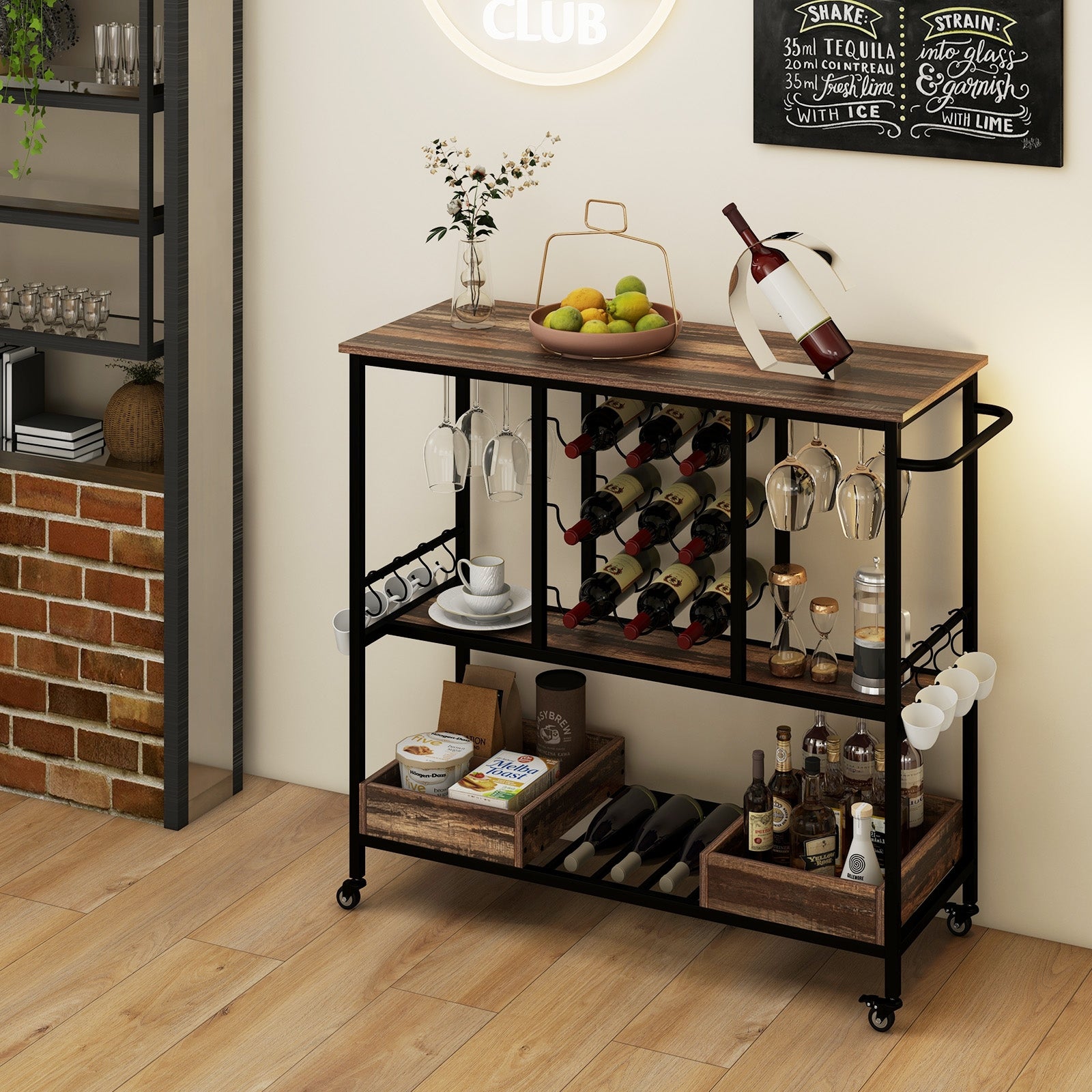 3-Tier Bar Cart On Wheels With Glass Racks, Brown Baker's Racks at Gallery Canada