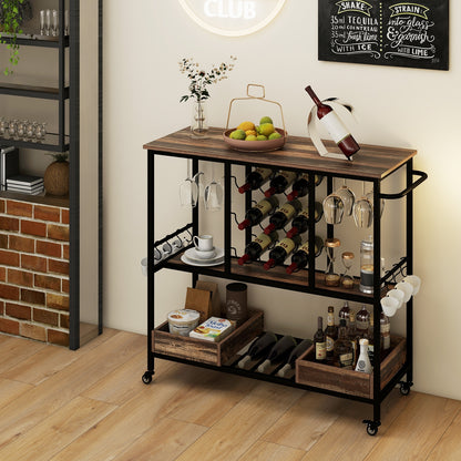 3-Tier Bar Cart On Wheels With Glass Racks, Brown Baker's Racks at Gallery Canada